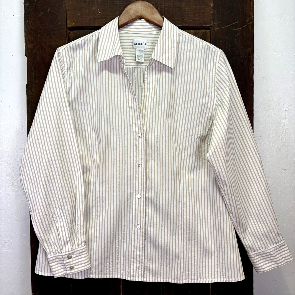 Chicos Women's Button-Down Blouse Size 2 L White Beige Stripe With Gold Metallic